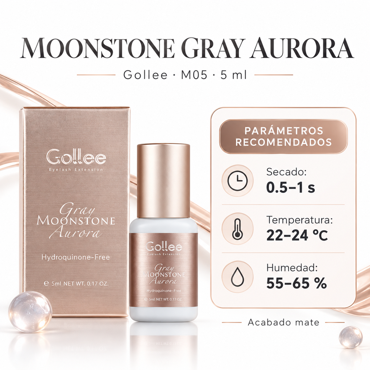 Gollee Moonstone Gray Aurora M05 5 ml: secado 0.5–1 s, temperatura 22–24 °C, humedad 55–65 %