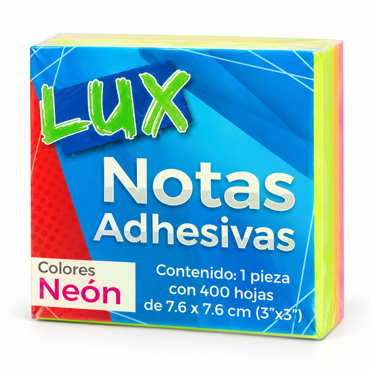 Notas adhesivas Lux neón, bloque de 400 hojas de 7.6 × 7.6 cm